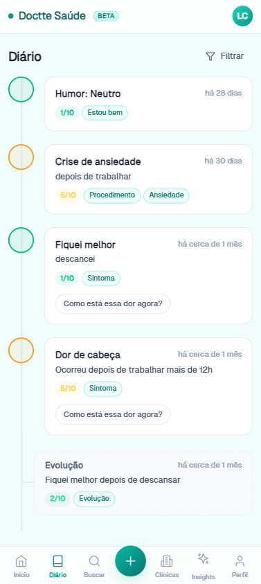 Diário de Saúde Diário de humor e sintomas com registros de ansiedade, dor de cabeça e escala de intensidade